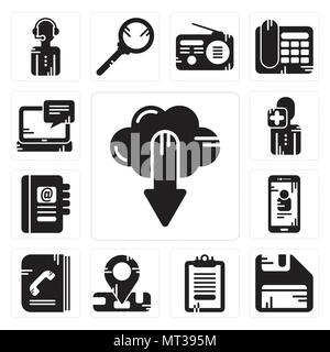 Set Of 13 simple editable icons such as Cloud computing, Diskette, Clipboard, Location, Phone book, Smartphone, Agenda, User, Laptop can be used for m Stock Vector