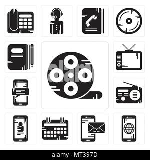 Set Of 13 simple editable icons such as Film reel, Smartphone, Calendar, Radio, Television, Book can be used for mobile, web UI Stock Vector