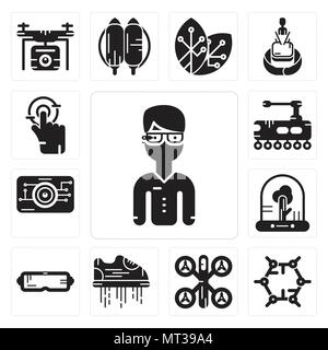 Set Of 13 simple editable icons such as Google glasses, Graphene, Drone, Flying shoes, Oculus rift, Tree, Eye scan, Tank, Tap can be used for mobile,  Stock Vector