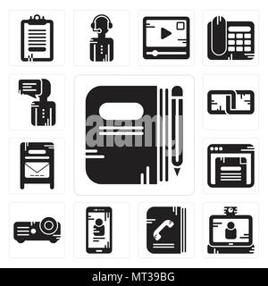 Set Of 13 simple editable icons such as Book, Video call, Phone book, Smartphone, Projector, Browser, Mailbox, Link, User can be used for mobile, web  Stock Vector