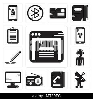 Set Of 13 simple editable icons such as Browser, Satellite dish, Phone book, Radio, Display, News reporter, Pencil, Smartphone, Clipboard can be used  Stock Vector