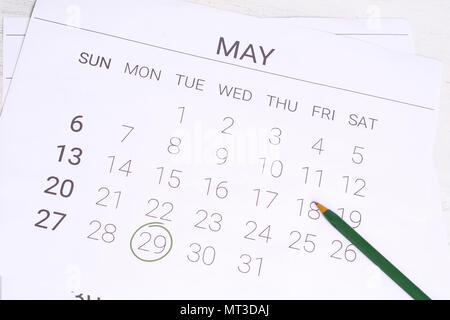 Concept image of May Calendar. Calendar to remind you an important appointment with pen. Stock Photo