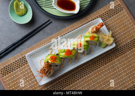 dragon roll king prawn sushi flat lay view Stock Photo