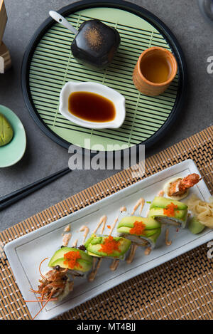 dragon roll king prawn sushi flat lay view Stock Photo