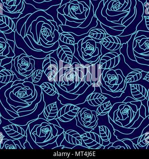 Pale blue outline roses on the navy blue background vector seamless pattern Stock Vector