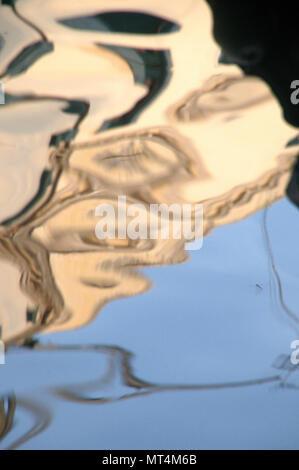 Distorted reflections in rippling water of a sunny brick wall with ...