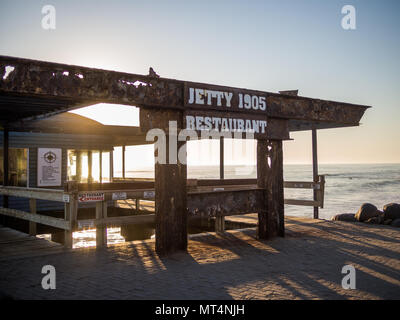 Swakopmund, Namibia - May 31, 2016: Entrance to Jetty 1905 Restaurant on pier at coast of Swakopmund Stock Photo