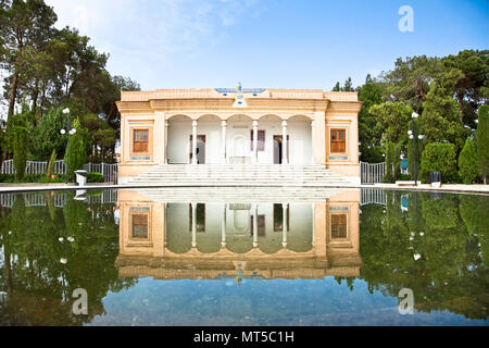 Ateshkadeh Fire-temple with Ahura Mazda name for a divinity exalted by Zoroaster as the one uncreated Creator, hence God. Yazd, Iran Stock Photo