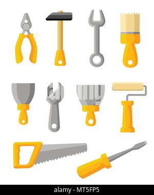 Work tools icons set. Building tools , construction buildings, hammer, screwdriver, saw, file, putty knife, ruler, roller, brush. Flat style design. V Stock Vector