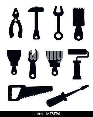 Black silhouette. Work tools icons set. Building tools , construction buildings, hammer, screwdriver, saw, file, putty knife, ruler, roller, brush. Ve Stock Vector