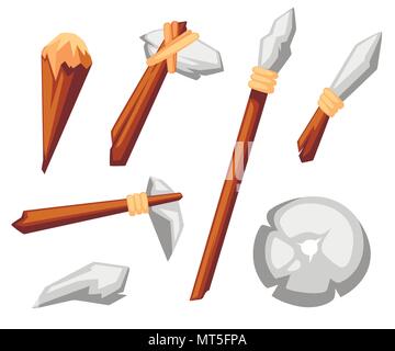 Stone tools set. Stone age primitive work tools axe, hammer, club, spear and knife. Stone wheel. Flat style vector illustration isolated on white back Stock Vector