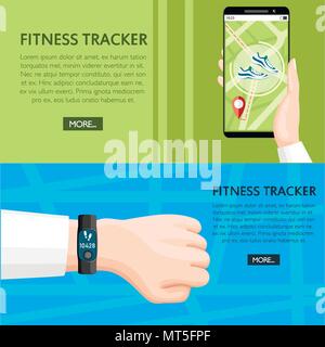 Fitness tracker concept. Sport bracelet on hand. Smartphone mobile app shows way. Wristband with steps counter. Vector illustration on background text Stock Vector