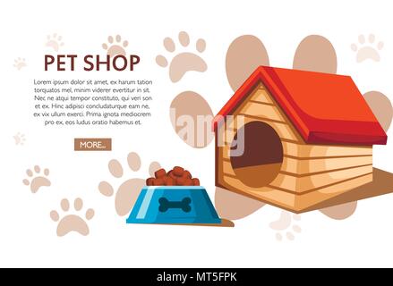 Pet shop concept. Wooden doghouse with red roof and food bowl. Vector illustration on background with animal footprints. Place for your text. Website  Stock Vector