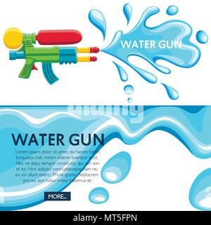 Colorful water gun. Water splash on white background. Flat vector illustration. Place for your text. Website page and mobile app design. Stock Vector
