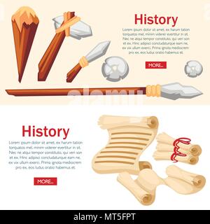 History web banner concept. Stone age primitive work tools. Medieval scrolls. Flat style vector illustration on white and beige background. Place for  Stock Vector