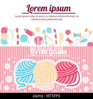 Sewing items. Ball of wool, sewing knitting needles and thread. Flat style vector illustration on white and red background. Place for your text. Websi Stock Vector