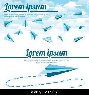 Handmade paper planes. Plane with route or trail, travel way. Many paper planes in the sky with clouds. Flat vector illustration. Place for your text. Stock Vector