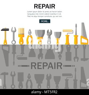 Building tools , construction buildings, hammer, screwdriver, saw, file, putty knife, ruler, roller, brush. Flat style design. Vector illustration on  Stock Vector