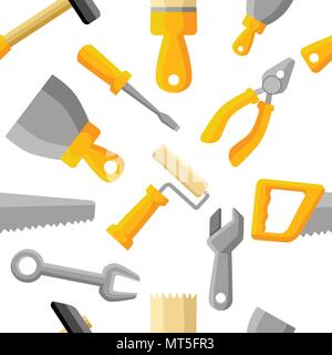 Seamless pattern. Building tools , construction buildings, hammer, screwdriver, saw, file, putty knife, ruler, roller, brush. Flat style design. Vecto Stock Vector