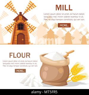Traditional old windmill. Wooden mill with full bag of flour. Wheat ears with ooden scoop. Silver silhouette wheat ears and brown mills on background. Stock Vector