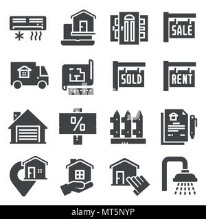 Simple Set of Real Estate Related Vector Icons. Contains such Icons as Map, Plan, Bedrooms, Area, Bell and more Stock Vector
