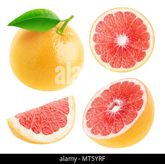 Isolated grapefruits. Collection of whole and cut fresh grapefruits isolated on white background with clipping path Stock Photo