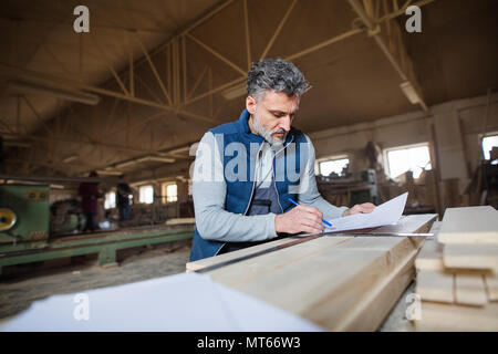 A man worker in the carpentry workshop, making plans. Stock Photo