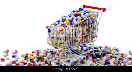 Medicine addiction concept. Shopping cart full of medicine pills on white background. 3d illustration Stock Photo