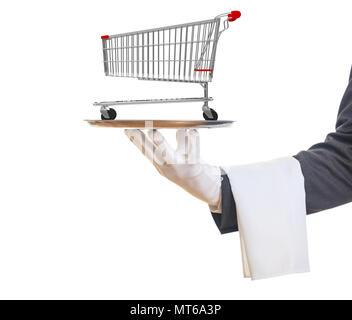 Shopping luxury service concept. Gloved hand with a white towel holding a silver platter with an empty shopping cart, isolated on white background. 3d Stock Photo