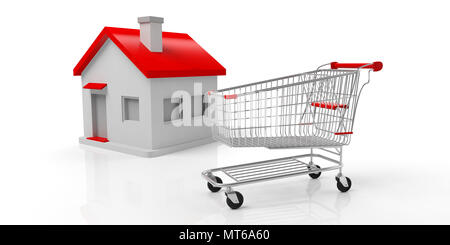 Real estate business. Shopping cart and a red roof small house isolated on white background. 3d illustration Stock Photo