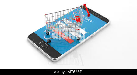 Online shopping. Shopping cart, empty and a smartphone isolated on white background. 3d illustration Stock Photo