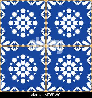 Patchwork tiles vector design, geometric seamless pattern Azulejos, Portuguese navy blue tile design, repetitve abstract background Stock Vector