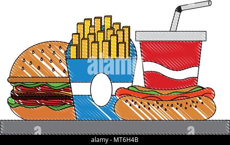 fast food burger hot dog soda and french fries on tray vector illustration Stock Vector