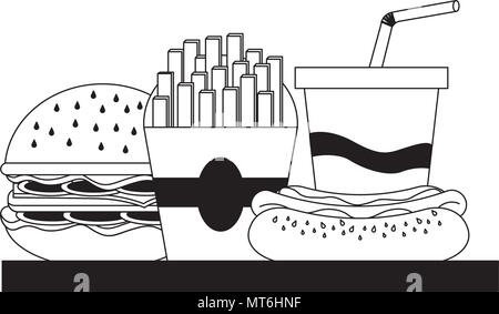 fast food burger hot dog soda and french fries on tray vector illustration Stock Vector