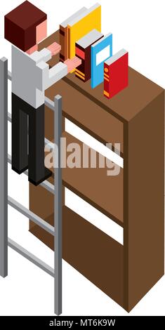 man employee in stairs putting books on bookshelf isometric vector illustration Stock Vector