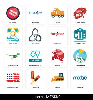Set Of 16 simple editable icons such as modere, dozer, corn dog, american flag, dog trainer, no sugar, pool party, velociraptor, monopoly can be used  Stock Vector