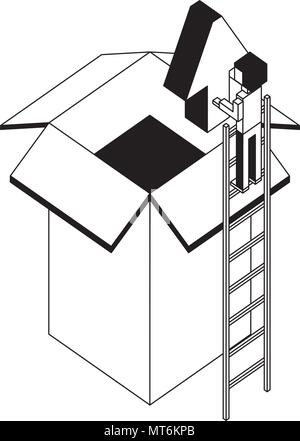 businessman holding upload arrow box storage isometric vector illustration black and white Stock Vector
