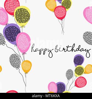 Happy Birthday greeting card illustration of helium balloons, colorful party background with abstract hand drawn decoration. EPS10 vector. Stock Vector