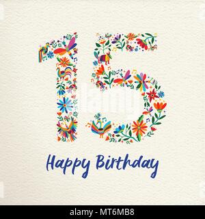 Happy Birthday 15 fifteen years design with number made of colorful spring flowers and animals on paper texture background. Ideal for party invitation Stock Vector