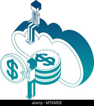 businessman man holding coins cloud storage isometric vector illustration blue neon Stock Vector