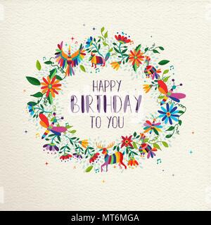 Happy Birthday design with colorful spring flowers and animals on paper texture background. Ideal for party invitation or greeting card. EPS10 vector. Stock Vector