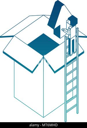 businessman holding upload arrow box storage isometric vector illustration blue neon Stock Vector