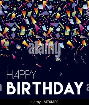 Happy birthday greeting card illustration, retro confetti in vintage style trend. Colorful party background with typography quote. EPS10 vector. Stock Vector