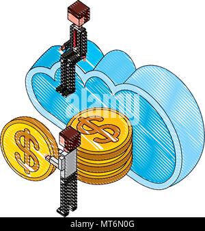 businessman man holding coins cloud storage isometric vector illustration drawing Stock Vector