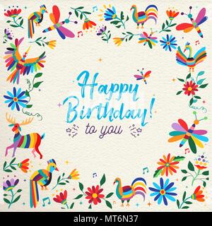 Happy Birthday design with colorful otomi style spring flowers and animals on paper texture background. Ideal for party invitation or greeting card. E
