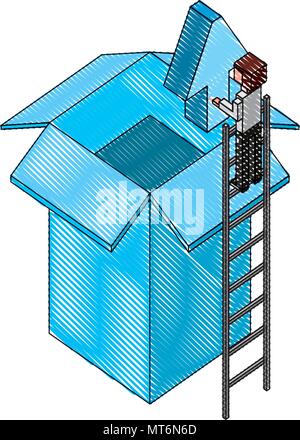 businessman holding upload arrow box storage isometric vector illustration drawing Stock Vector