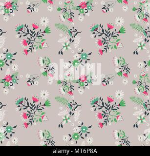 Floral seamless pattern illustration in retro art style. Wild flower and leaves vintage decoration background. EPS10 vector. Stock Vector