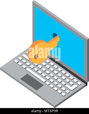 laptop computer with key isometric icon vector illustration design Stock Vector