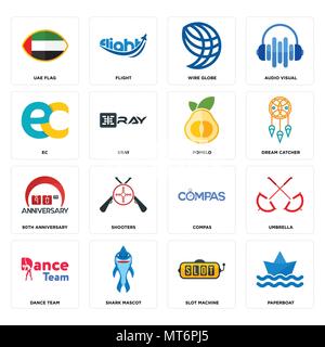 Set Of 16 simple editable icons such as paperboat, slot machine, shark mascot, dance team, umbrella, uae flag, ec, 90th anniversary, pomelo can be use Stock Vector