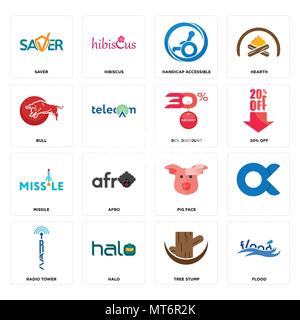 Set Of 16 simple editable icons such as flood, tree stump, halo, radio tower, , saver, bull, missile, 30% discount can be used for mobile, web UI Stock Vector